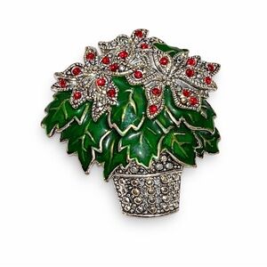 Vintage Poinsettia Christmas Brooch‎ Rhinestone Enamel Pot Pin Holiday Jewelry